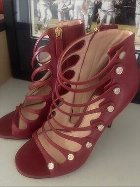 Gucci Burgundy Multi-Strap Cutout Heels with Logo Buttons
